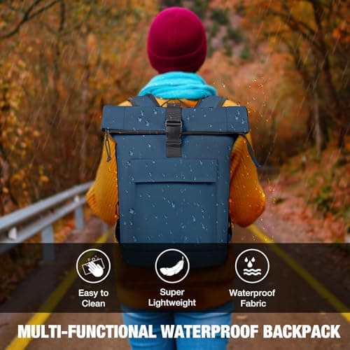 Lekeinchi Rolltop Backpack for Men and Women, Elegant Laptop bag, Waterproof with 17 Inch Laptop Compartment, Large Travel Backpack, Daypack, School, Travel, University (Blue) — view 2