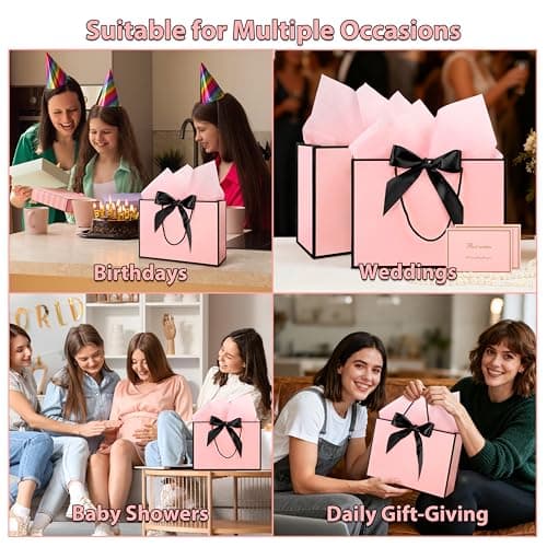 Vivantia Medium Gift Bags Set 3 Pack Pink Paper Gift Bag with Black Edge Greeting Cards Ribbons Tissue Papers Present Bags with Handles for Gift Wrapping Birthday Wedding Baby Shower — view 5