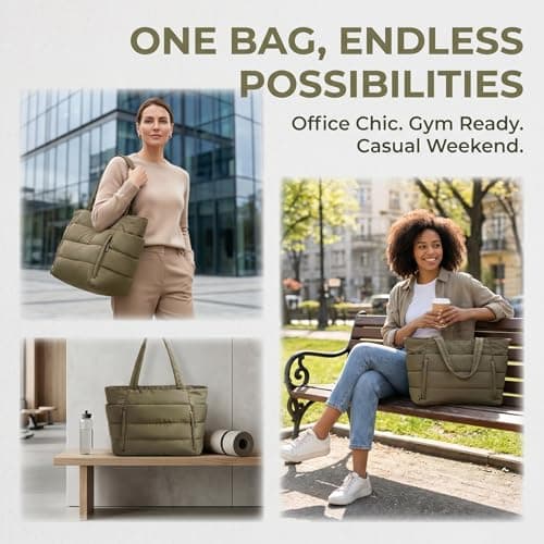 ZJEEACO Puffer Tote Bags for Women, Quilted Handbag for School, Waterproof College Bag with Zip, Lightweight Laptop Tote Bag with Compartments for University Work Gym Beach Travel Swim (Olive Khaki) — view 6