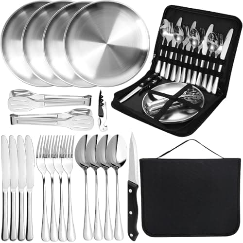 20Pcs Camping Cutlery Set for 4 Person,Portable Tableware Set for Hiking,Silver Food-Grade Stainless Steel,Picnic Utensils Set with Spoons Forks Knife Clip Plate,Case with Zipper Pouch