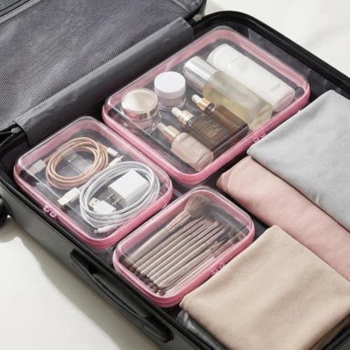 3PCS Clear Hard Shell Zipper Cases Transparent Toiletry Toys Bags Waterproof Cosmetic Toiletry Bag Portable Travel Organizer for Travel Makeup Tools Toy Storage Bin, Puzzles (Pink) — view 5