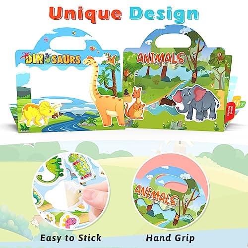 GUYUCOM 2 Pack Reusable Sticker Books for Toddlers, Durable No Glue Stickers for Kids, Activity Crafts for 2 3 4 Year Old Boys Girls Dinosaurs Animals Travel Toys on Plane Car Birthday Gifts — view 4