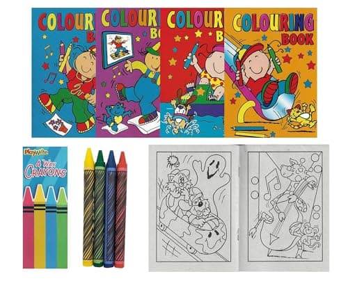 ihoot Pack of 10 A6 Kids Colouring Books and 10 Packs of Crayons | Mini Colouring Books for Party Bags in Assorted Designs, Childrens Party Bag Fillers for Toddlers
