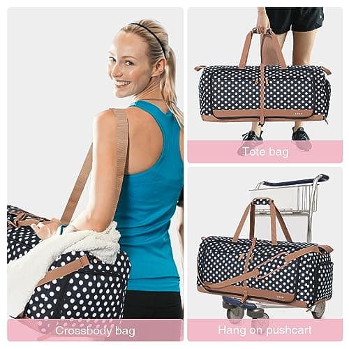 Lekesky Large Foldable Travel Duffe Bag - 80L Waterproof Holdall Luggage Bag with Shoes Compartment, Weekend Overnight Sports Bag for Women and Men(White Dots, 72 * 33 * 34cm) — view 2