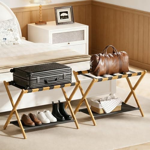 BAMBOOHOMIE Bamboo Luggage Rack for Guest Room, 26.77" Folding Wide Suitcase Stand with Fabric Storage Shelf, Luggage Stand Holder for Bedroom Hotel, Luggage Rack for Suitcasess (2 Pack - Natural) — view 6