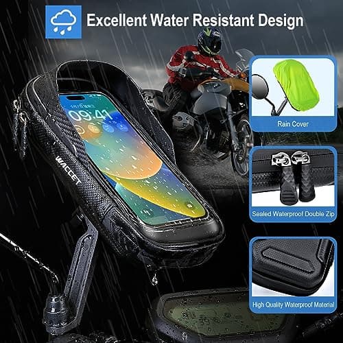 WACCET Motorbike Phone Holder Waterproof, Motorcycle Smartphone Mount 360° Rotation Phone Holder for Motorbike Mirror with Touch Screen Sun Visor Motorcycle Phone Bracket for Phone up to 7.2'' (Black) — view 6