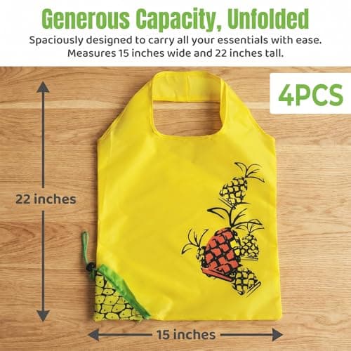 KIPTVO 4 Pack Foldable Shopping Bags with Fruit Patterns, Portable Reusable Tote Bags for Grocery, Travel, Beach & Gym – Lightweight, Durable & Washable Eco Tote Bag Set — view 4