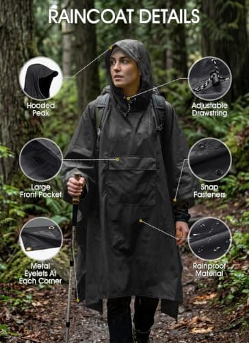 TOMSHOO 3 in 1 Rain Poncho Waterproof Adult (Black) — view 4