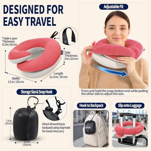 BUYUE Travel Neck Pillows for Airplanes, 360° Head Support Sleep for Long Flight, Skin-Friendly & Breathable, Kit with 3D Contoured Eye Mask, Earplugs and Storage Bag (Adult, Pink, 100+ lbs) — view 5