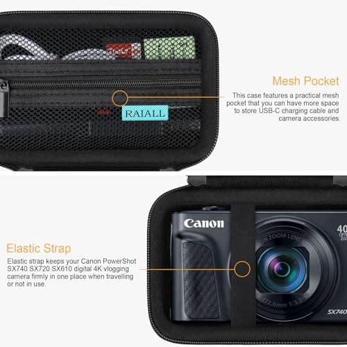 RAIALL Camera Case for Canon PowerShot SX740/ SX730/ SX720/ SX710/ SX620/ SX610 HS Digital Camera, SX740/ SX730 Vlogging Camera Travel Hard Bag, Mesh Pocket for Battery, SD Card and Cable, Black — view 4