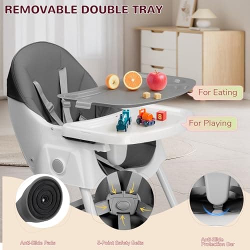 LALAHO 3-in-1 Foldable Baby High Chair with 5-Point Safety Harness Grey — view 6