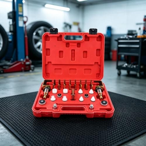 QSTDGVPW Automotive Leak Tester Kit With Cone And Plug Adapters Round Sealing Discs Metal Clamp Threads Burgundy Case suitable for car diagnostics — view 2