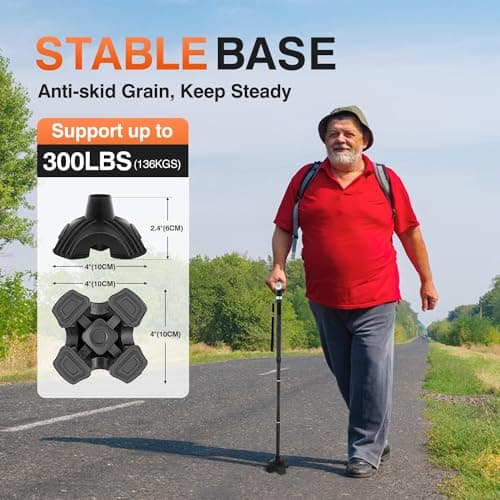 BeneCane Walking Cane for Women Folding Cane for Men with Two Led Lights Quad Cane with Stable Base Lightweight and Adjustable Walking Stick (Black) — view 6