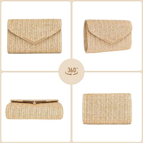 Larcenciel Boho Women's Clutches, Woven Straw Clutch Bag w/Detachable Chain, Summer Envelope Straw Beach Bag, Hand-Woven Evening Handbag for Wedding, Dinner, Prom, 20×13×5CM — view 6