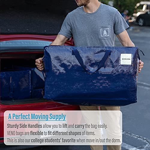 VENO 6 Pack Heavy-Duty Oversize Large Storage Bag Organizer with Zips and Tag Pocket for Moving, Clothes Storage, Laundry Bag, Packing, House Essentials, Sustainable, Water-Resistant (Blue, 6 Pack) — view 3