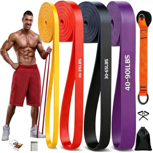 Long Resistance Bands Set, 4 Pcs Heavy Duty TPE Exercise Band (90lbs Max) for Pull Up Assist, Odourless Workout Bands with Upgraded Door Anchor+Pro Handle, Portable Home Gym Band for Strength Training