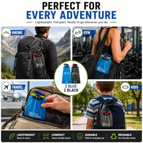 Foldable Water Bottles Set of 4 (2 Blue, 2 Black) – Collapsible, BPA Free, Leakproof, Lightweight Travel Bottles for Hiking, Gym & Everyday Use — view 4
