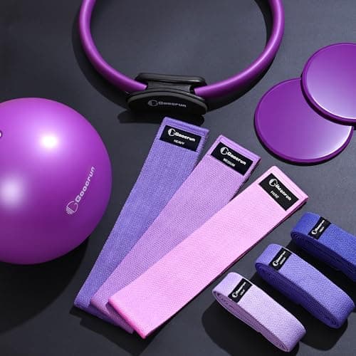 Goocrun Pilates Ring Set Exercise Equipment, with Fabric Resistance Bands Set, Pilates Ball, Sliding Disks. Portable Home Gym - with Fitness Guide Poster (Purple) — view 2