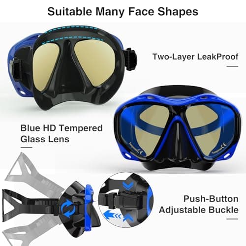Snorkeling Gear for Adults, Snorkel Mask With Mirrored Tempered Glass Lens 180° Wide View Anti-Fog Scuba Diving Mask, Professional Snorkel Set for Swimming Diving (Black+Blue) — view 4