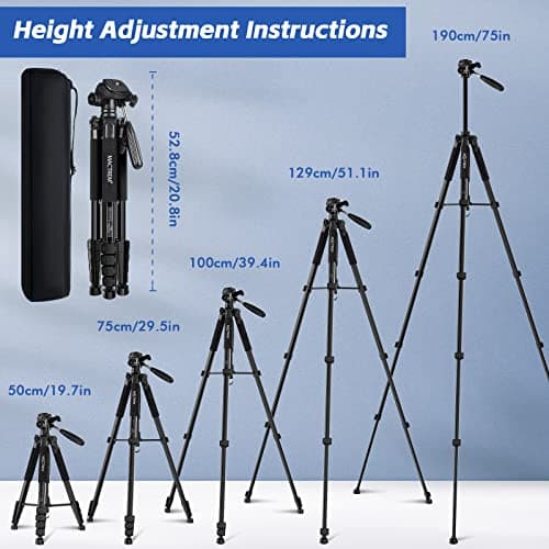 MACTREM 75 Inch Camera Tripod for Sony Canon Nikon, Lightweight Travel Video Aluminum Tripod Stand with Cell Phone Mount for iPad Phone — view 2