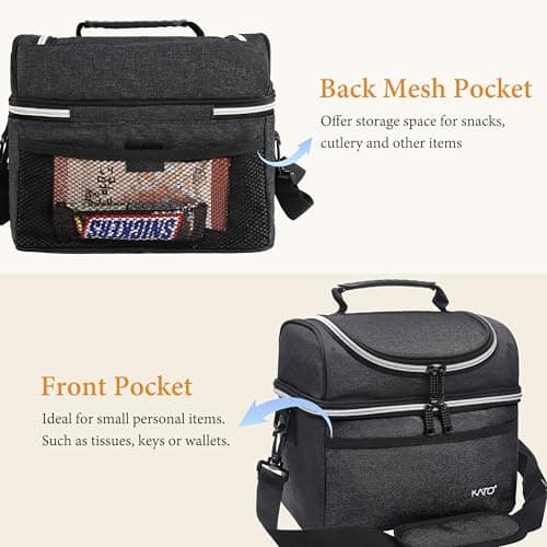 Kato Tirrinia Insulated Lunch Bag for Men Work, Picnic Cooler Bag, 10L Large Dual Compartment Food Bag with Shoulder Strap and Front Pocket Camping Beach Travel Black — view 4