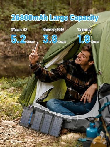 Solar Power Bank 26800mAh with 4 Solar Panels, 18W USB-C Power Bank Fast Charging Portable Battery for Phones, IPX7 Waterproof External Battery Pack with Flashlight Light/SOS/Strobe (blue) — view 3