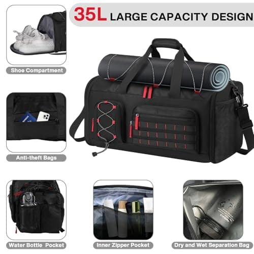 35L Gym Bag with Shoe Compartment, Dry & Wet Separation Overnight Bag-Black — view 5