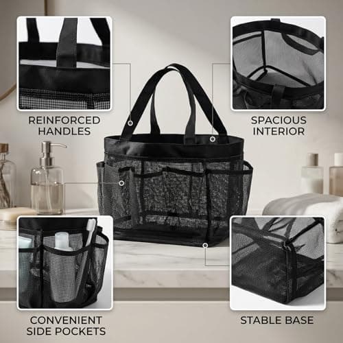 1 Pack Quick Dry Mesh Shower Bag, Portable 8 Pockets Bath Organiser Shower Caddy Tote with 2 Handles Hanging, for College Dorm Room Essentials, for Beach, Swimming, Gym, Travel Essentials (Black) — view 3