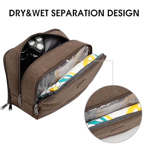 WANDF Toiletry Bag for Men, Travel Wash Bag with Handle, Water-Resistant Canvas Shaving Organiser, SBS Metal Zipper Dopp Kit for Makeup Bathroom Gym (Brown) — view 2