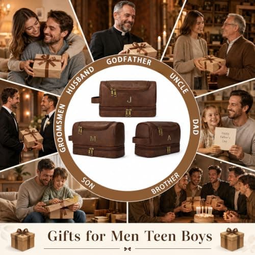 CLOUDWINGS Personalized Toiletry Bag for Men - Custom Gifts for Men Him Dad Husband Boyfriend Groomsmen, Initial PU Leather Travel Shaving Kit Bag, Travel Essentials, Birthday Gifts for Men (P) — view 3