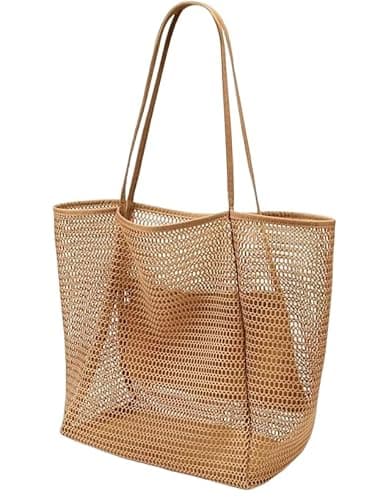 MSLSOZ Reusable Shopping Bag, Mesh Beach Tote Bag, 22L Khaki Shopping Bag with Double Handles, Bag for Women