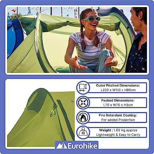 Eurohike Pop 200 Tent for 2 People with Sewn in Groundsheet, 2 Man, Easy to Pitch, Pop-Up Design, Lightweight (Green) — view 4