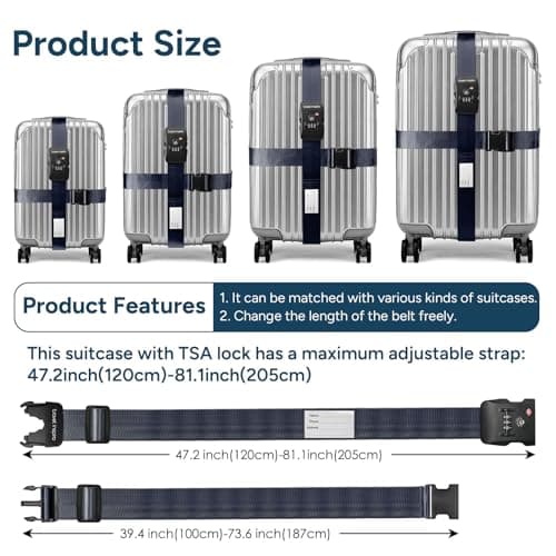 travel inspira TSA Approved Luggage Straps, Cross Suitcase Straps (Navy) — view 5