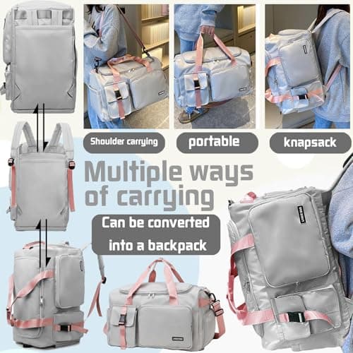 YOUYIKE Sports Bag for Women and Men, Sports Gym Bags, 42L Waterproof Travel Bag, with Shoe Compartment and Wet Pocket, Large Holdall, Cabin, Gym Bags, for Travel, Fitness, Sport, Gray + Pink — view 6