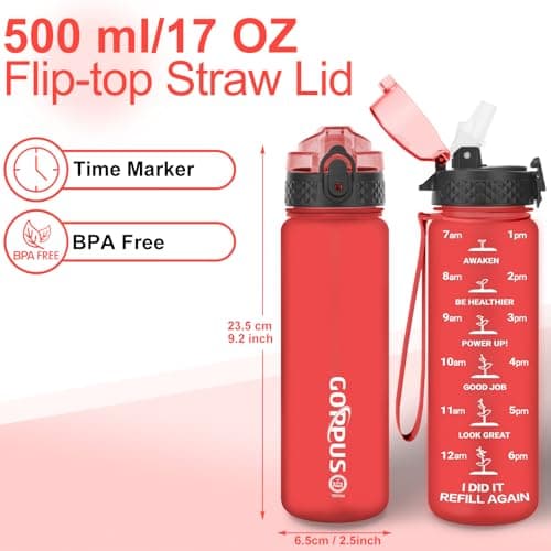 GOPPUS 500ml/17oz Kids Water Bottles with Straw Tritan Childrens Bottle with Flip Top Lid BPA Free Measured Drinks Bottle with Strap Sports Reusable Time Markings Leakproof (Solid Red) — view 5