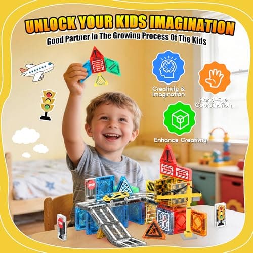 iKidiki Mini Travel Magnetic Tiles Construction 53 PCS, Toys for 3 4 5 6 7 8 Year Old Boys Girls Gifts for Birthday Magnetic Tiles Travel Set 3-8 Year Old Girl Boy Gifts Kids Birthday Presents Boys — view 2