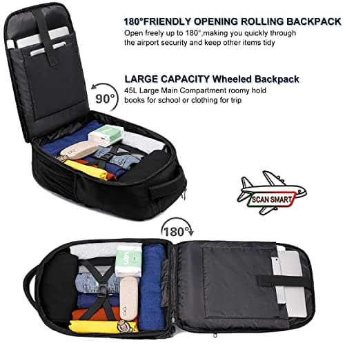 LIGSAN Travel Backpack with Wheels, 17inch Wheeled for Men Women Rolling Laptop Bags on Wheels Waterproof Rucksack Cabin Bag Trolley Suitcase Business College School Bag, Black — view 3