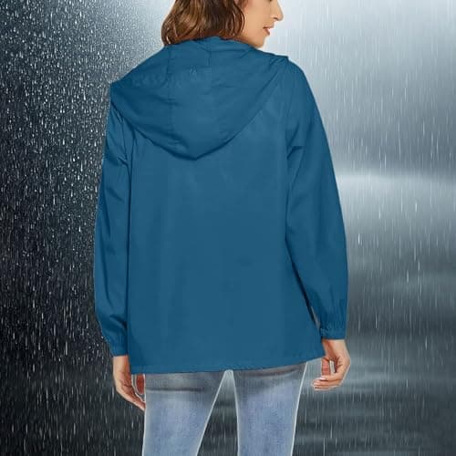 Waterproof Jacket Womens Packaway Rain Coat with Zip Pocket Outdoor Lightweight Softshell Sport Jacket Windproof Windbreak Hiking Jackets Casual Hooded Raincoats Rainproof Coats — view 6