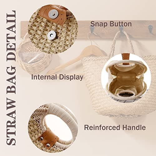 Hixingo Women Handbag Straw Bag, Round Summer Beach Hand-Woven Bohemian Straw Bag Purse Tote Bag for Gift Holiday Travel Shopping (Red,28x26x15cm) — view 3