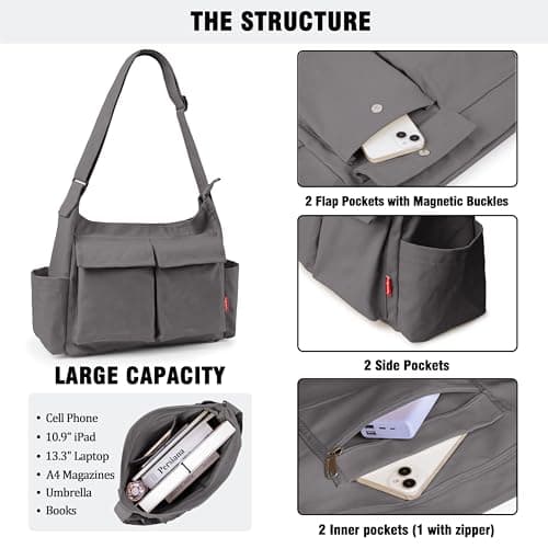 Captain Blues Canvas Hobo Crossbody Bag for Women & Men - Large Capacity Versatile Crossbody Tote Bag with Multiple Pockets, Adjustable Strap for Work, School, Travel, and Day Out (Grey) — view 5