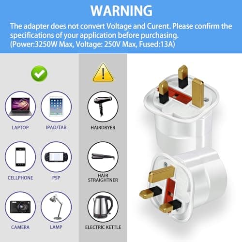 1 Pack European to UK Plug Adaptor, EU to UK Plug Adapter with 13A Fuse, European to uk plug Adapter 2 Pin Plug Adaptor to 3 Pin for Travel, Electronics & Devices (Not for Shavers or Toothbrushes) — view 3