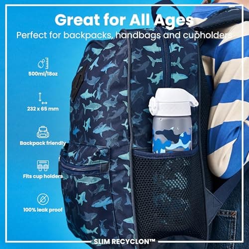 ION8 Water Bottle, 500ml/18oz, Slim Leak Proof & BPA-Free Drinking Bottle, Secure Lock Prevents Spills, Dishwasher Safe, Carry Handle, Ideal for Adults & Kids - Travel, Gym & School, Camouflage Design — view 2