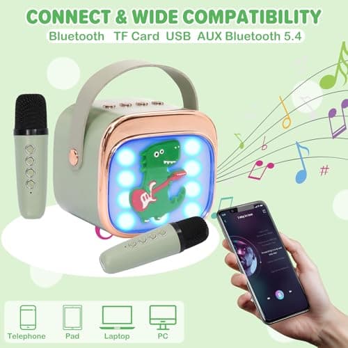 Mini Karaoke Machine Toys for Kids with 2 Wireless Microphones,Portable Bluetooth Speaker with Voice Changing Effects & LED Lights,Eliminate Original Sound,Gifts For Girls Boys Toddlers,Green — view 4