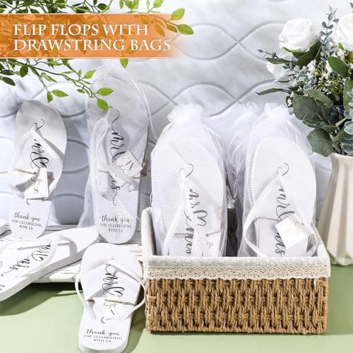 Breathffy 24 Pairs Wedding Flip Flops Bulk Slippers Flip Flops Women Wedding Sandals with Size Cards Drawstring Bags, White, Small-X-Large — view 2