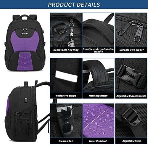 Extra Large Backpack for Women 55L,18.4Inch Travel Laptop Rucksack with USB Charging Port Big Business Carry On Backpack,TSA Flight Approved Heavy Duty Computer Bag College School Bookbag,Purple — view 4