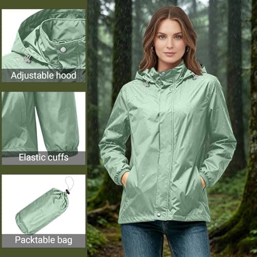 Meeyuioe lightweight waterproof jacket ladies Womens Waterproof Jacket Lightweight Packable Rain Jackets Hooded Casual Outdoor Windbreaker Hiking Walking Travel Raincoat Green L — view 4