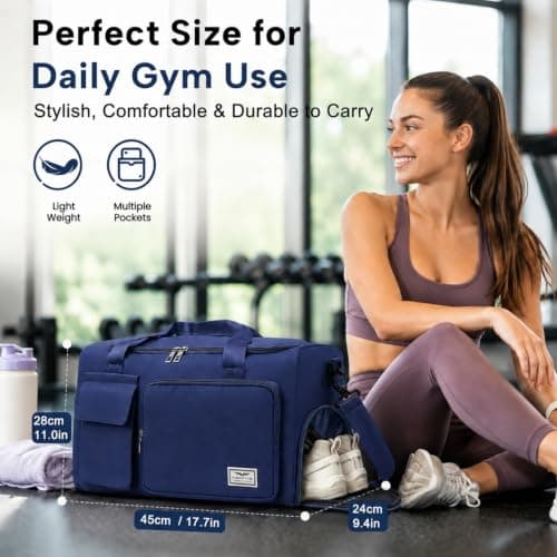 FIORETTO Gym Bag Womens, Sports Bag with Shoe Compartment, Navy Blue — view 5