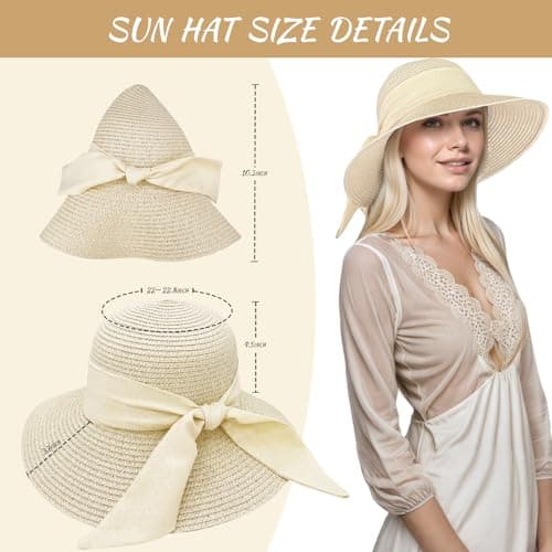 lifwimner Straw Sun Hats for Women UV Protection, Foldable Floppy Bowknot Straw Hats Wide Brim Summer Beach Cap with Chin Strap for Beach Vacation Travel Holiday (UK, Alpha, M, Beige) — view 5