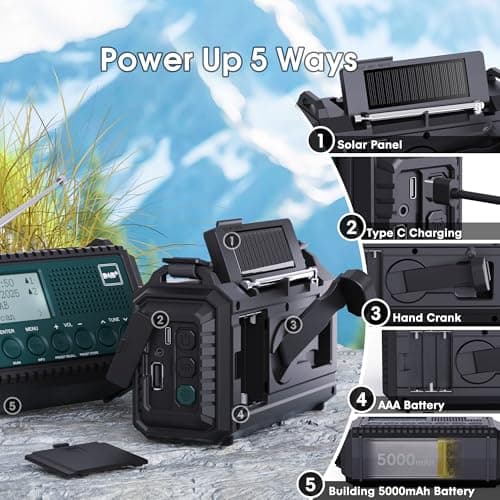 ROCAM Wind Up Solar Radio, DAB/FM Radio with 5000mAh Rechargeable Power Bank, Solar Panel/USB/Hand Crank Charger, Battery Radio Portable, SOS Alarm & Flashlight for Camping Hiking Emergencies (Blue) — view 3