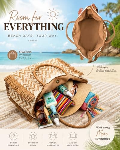 Woodland Leathers Womens Summer Bag, Straw Beach Bag, Large Woven Tote Bag with Raffia Fringe, Boho Chevron Design, Detachable Adjustable Shoulder Strap Holiday Handbag (Natural Tan, Large) — view 5